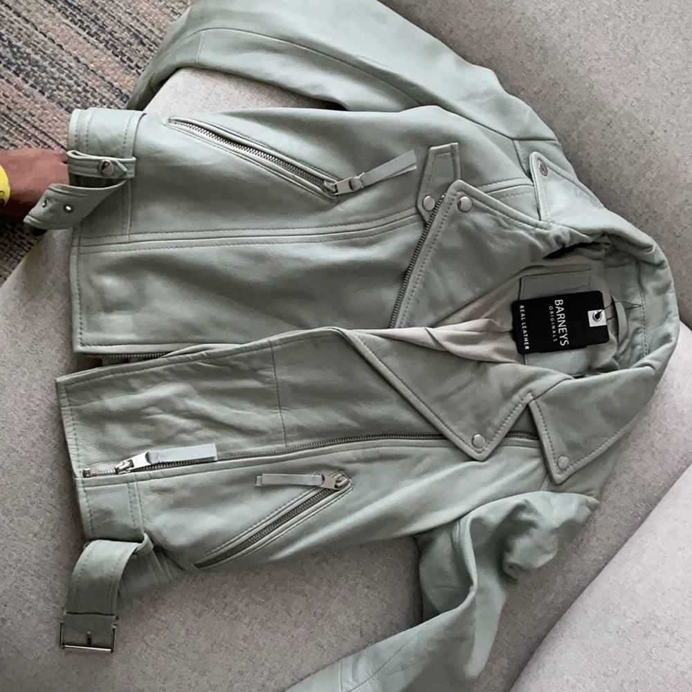 {Barney's Originals} Belted Leather Moto Jacket